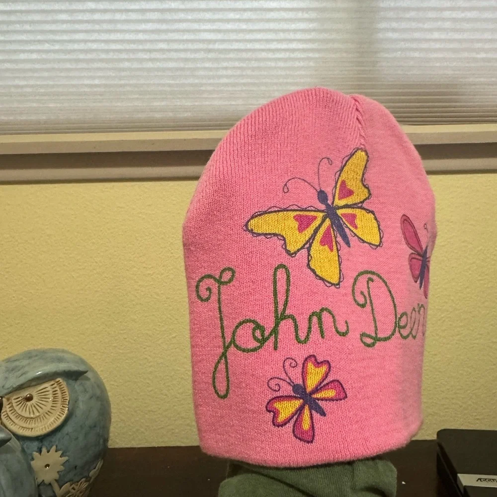 Girls Pink John Deere Beanie Butterflies